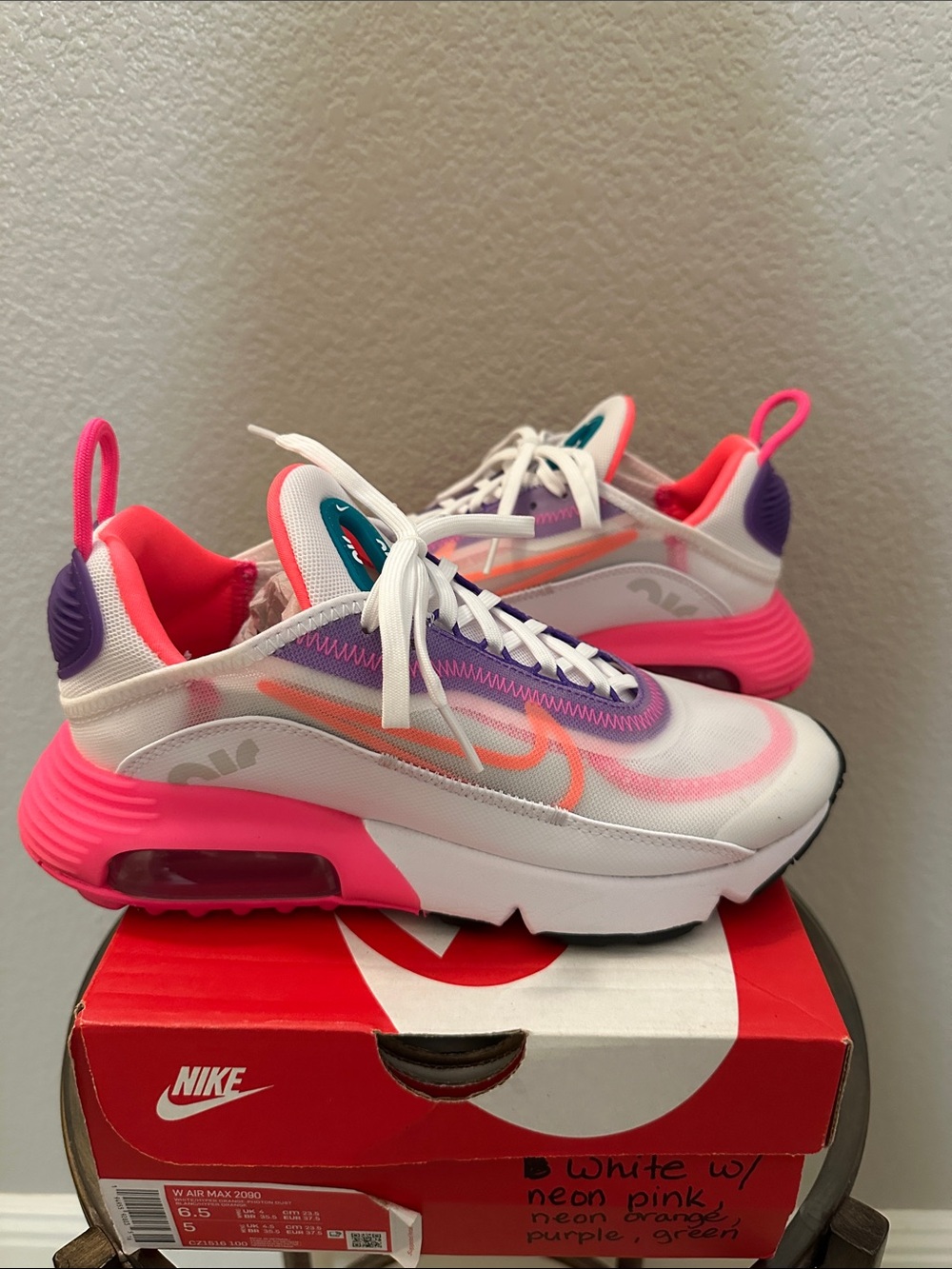 Nike White Sneakers with Neon Pink & Purple Highlights